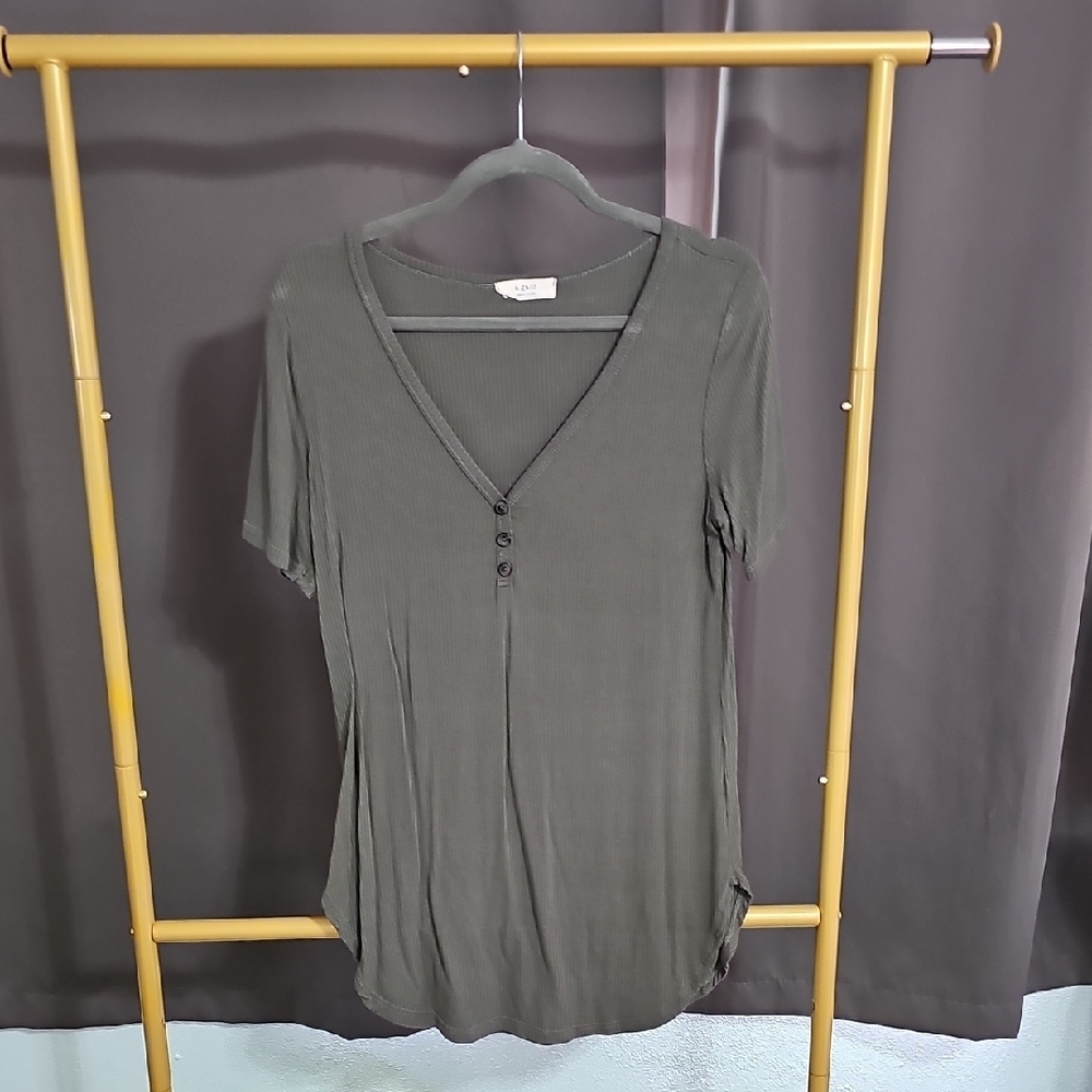 Olive Green V-Neck Buttoned Women's Top